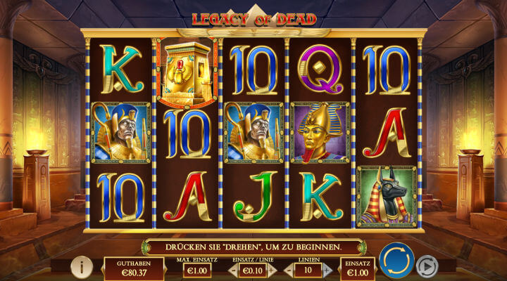 Spieloberfläche des Legacy of Dead Slots mit antiken ägyptischen Symbolen